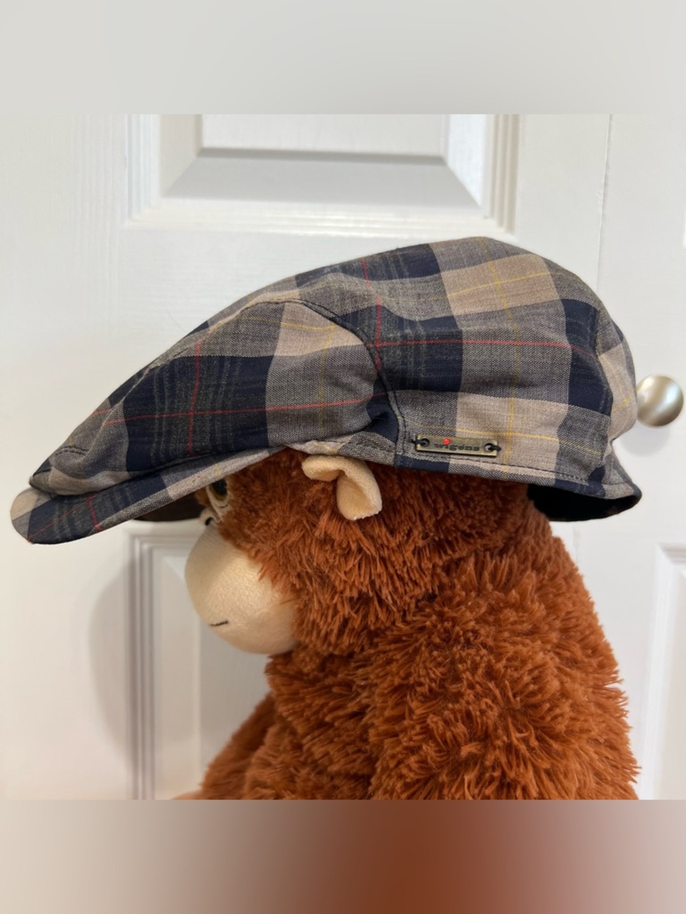 Wigens 100% Lambswool Navy/Tan Check Plaid Newsboy Hat Size 58